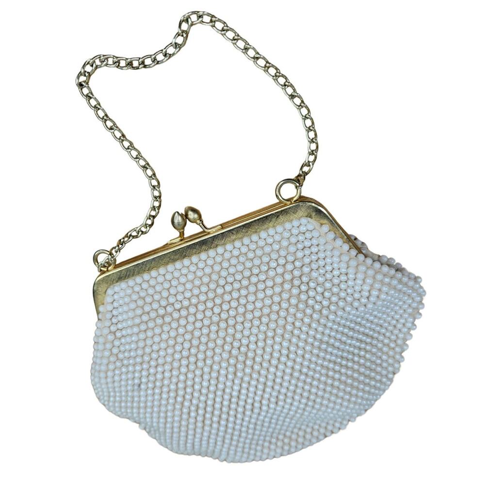 60s Lumured White Cream "Petite Bead" Scalloped Evening Wedding Bag Gold Strap
